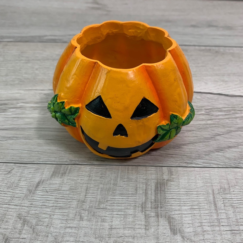 Halloween Jack O Lantern Pumpkin Planter Candle Holder Orange Resin 3x4in